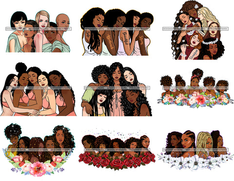 Bundle 9 Designs Best Friends Women Together Equality All Lives Matter Afro Caucasian Woman Melanin Nubian Unique African American Graphics PNG JPG Cutting Files Silhouette Cricut And More