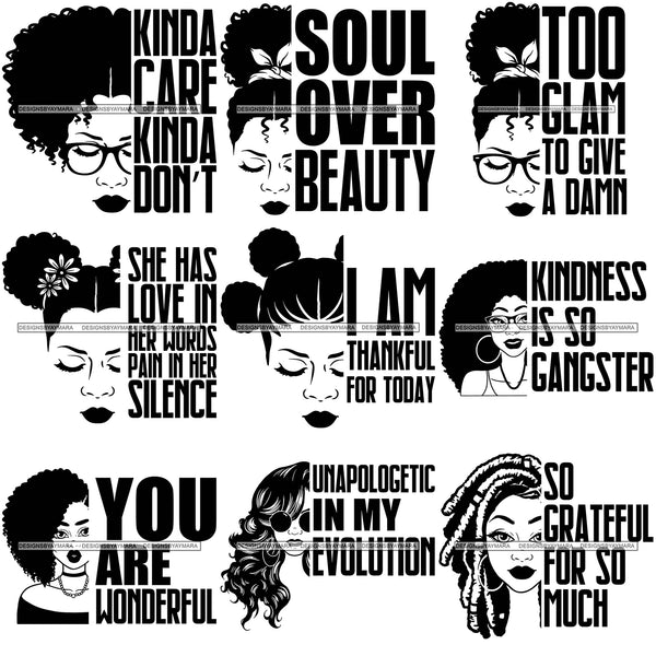 Bundle 9 Afro Woman SVG Too Glam To Give A Damn Quotes Black Girl Magic Melanin Popping Hipster Girls SVG JPG PNG Layered Cutting Files For Silhouette Cricut and More