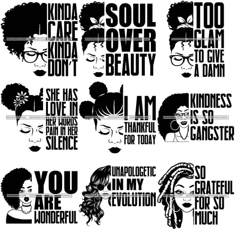 Bundle 9 Afro Woman SVG Too Glam To Give A Damn Quotes Black Girl Magic Melanin Popping Hipster Girls SVG JPG PNG Layered Cutting Files For Silhouette Cricut and More