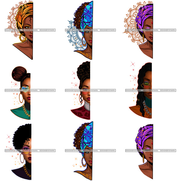 Bundle 9 Designs Afro Woman Half Face Melanin Nubian Unique African American Graphics PNG JPG Cutting Files Silhouette Cricut