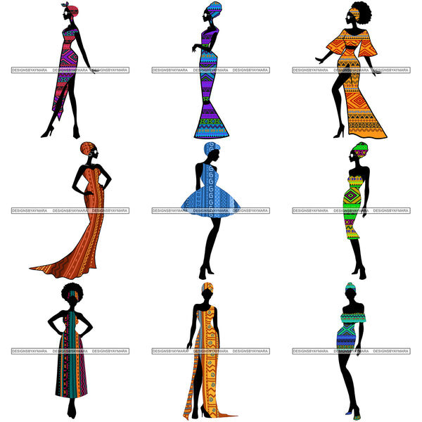 Bundle 9 Designs Afro Woman Silhouette African Pattern Matching Outfit Melanin Nubian Unique African American Graphics PNG JPG Cutting Files Silhouette Cricut