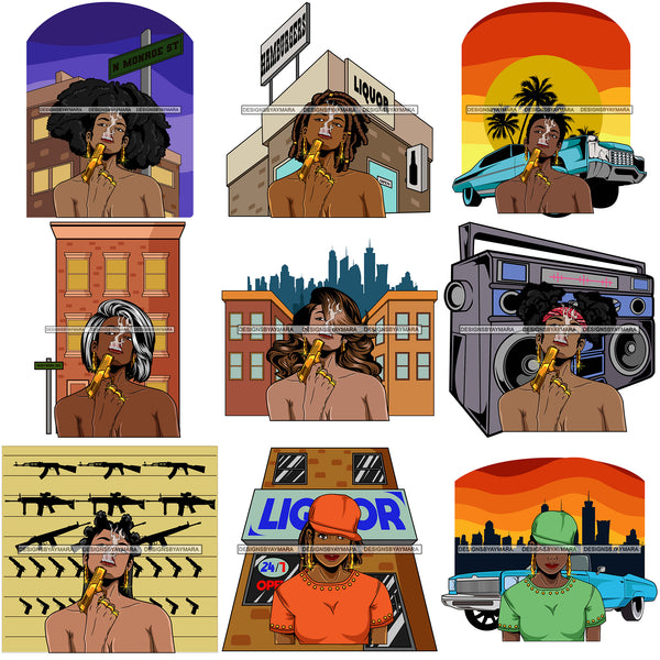 Bundle 9 GangstaGirl Afro Lola Handgun Sexy Criminal Face Hat Danger Black Woman SVG Cutting Files For Silhouette Cricut and More