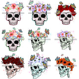 Bundle 9 Skulls Rosses Flowers Butterfly Tattoo Designs Elements Skeleton Head Dead Death Illustration PNG JPG Cutting Files For Cricut Silhouette and More