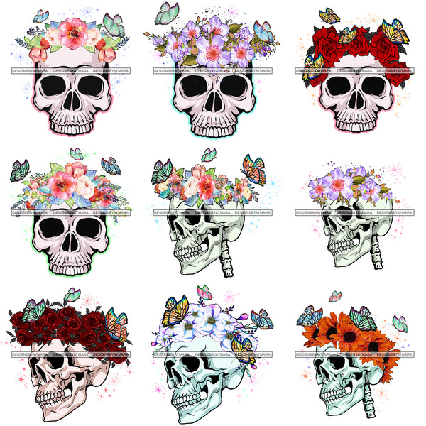 Bundle 9 Skulls Rosses Flowers Butterfly Tattoo Designs Elements Skeleton Head Dead Death Illustration PNG JPG Cutting Files For Cricut Silhouette and More