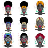 Bundle 9 African American Black Woman Afro Messy Bun Headband Bamboo Earrings Nubian Melanin PNG JPG Cutting Files