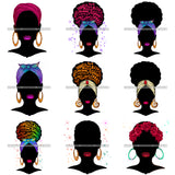 Bundle 9 Afro African American Woman Silhouette Afro Messy Bun Headband Bamboo Earrings Nubian Melanin PNG JPG Cutting Files