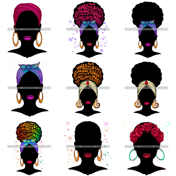 Bundle 9 Afro African American Woman Silhouette Afro Messy Bun Headband Bamboo Earrings Nubian Melanin PNG JPG Cutting Files