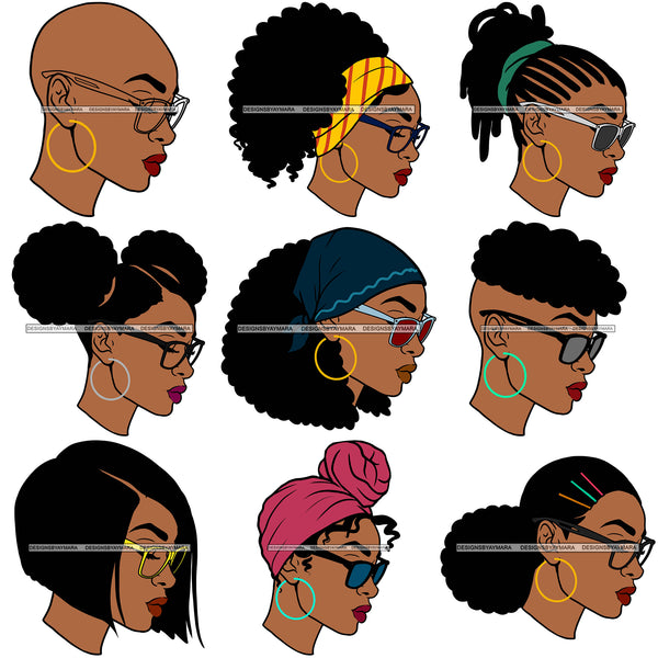 Bundle 9 Afro Woman SVG Wearing Glasses Black Girl Magic Melanin Popping Hipster Girls SVG JPG PNG Layered Cutting Files For Silhouette Cricut and More