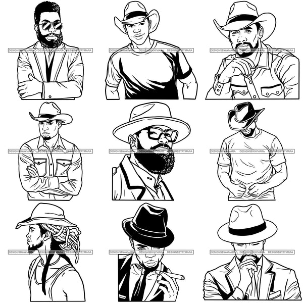 Bundle 9 Afro Black Man Cowboy Hat Handsome Bearded Men Fashion Melanin African American Male PNG JPG SVG Cutting Files For Silhouette Cricut and More!