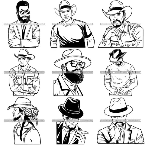 Bundle 9 Afro Black Man Cowboy Hat Handsome Bearded Men Fashion Melanin African American Male PNG JPG SVG Cutting Files For Silhouette Cricut and More!