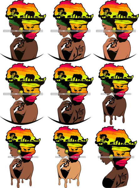 Bundle 9 African American Woman Goddess Safari Savanna Africa Continent SVG Files For Cutting and More!
