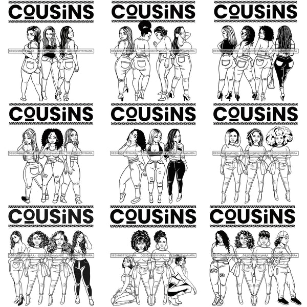 Bundle 9 Cousins Family Love Primas Melanin Queen Nubian Best Friends Black Girl Magic PNG JPG SVG Cutting Files For Silhouette Cricut and More!