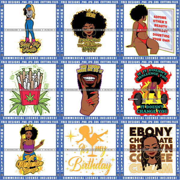 Bundle 9 Gold Melanin Ebony Woman Mean Beard Birthday Girl SVG PNG JPG Cut Files For Silhouette Cricut and More!