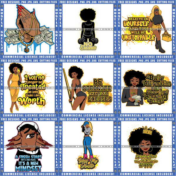 Bundle 9 Melanin Afro Woman Hustle Savage Life Quotes SVG PNG JPG Cut Files For Silhouette Cricut and More!