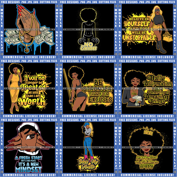 Bundle 9 Melanin Afro Woman Hustle Savage Life Quotes SVG PNG JPG Cut Files For Silhouette Cricut and More!