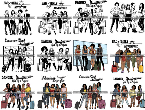 Bundle 12 Ladies Trip Flight Getaway Color Designs PNG Files For Print  Black and White SVG Files For Cutting