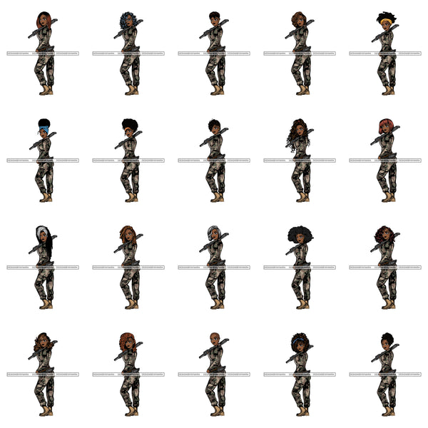 Bundle 20 Afro Lola Woman Warrior Military Army Soldier War Camouflage USA Uniform .SVG Clipart Vector Cutting Files For Circuit Silhouette Cricut and More!