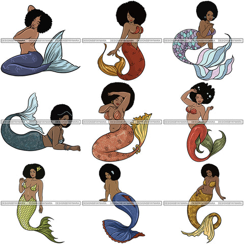 Bundle 9 Afro Black Woman Mermaid Aquatic Creature  SVG Cutting File For Silhouette and Cricut
