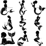 Bundle 9 Afro Black Woman Mermaid Aquatic Creature  SVG Cutting File For Silhouette and Cricut