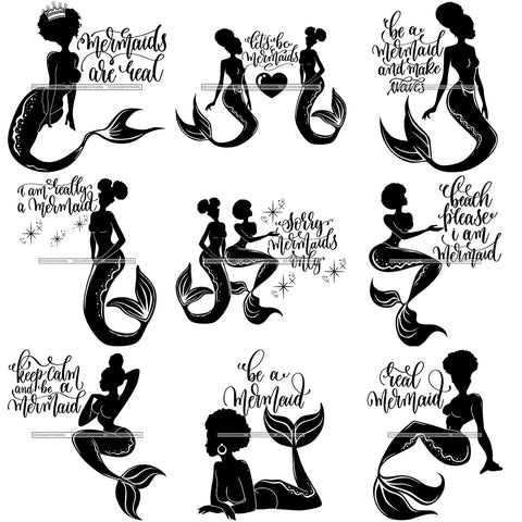 Bundle 9 Afro Black Woman Mermaid Aquatic Creature  SVG Cutting File For Silhouette and Cricut