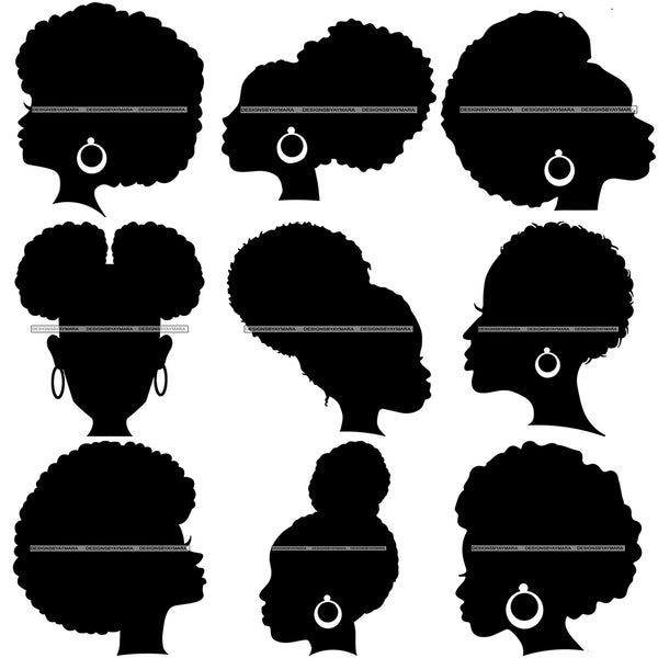 Bundle 9 Black Afro Silhouette Face SVG Cut Files