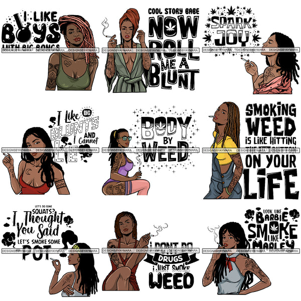 Bundle 9 Woman Smoking Pot Blunt Weed 420 Bond Cannabis Medical Marijuana Stone High Life Smoker Drug .SVG .EPS .PNG .JPG Vector Clipart Perfect for Print Not For Cutting