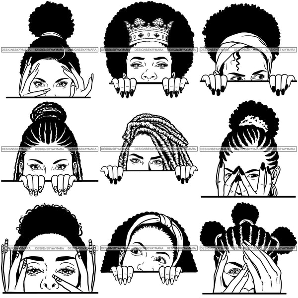 Bundle 9 Afro Woman Peek a Boo I see You Pretty Half Face SVG Cut Files For Silhouette and Cricut