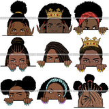 Bundle 9 Afro Woman Peek a Boo I see You Melanin Pretty Half Face PNG Files For Print Not For Cutting