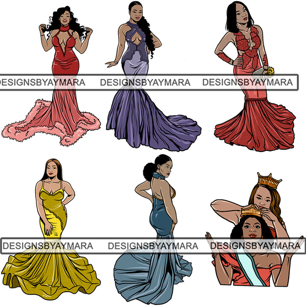 Bundle 6 Prom Queen Dress Woman Goddess Sexy Diva Classy Lady .JPG .SVG.PNG With A Transparent Background Vector Clipart Not For Cutting