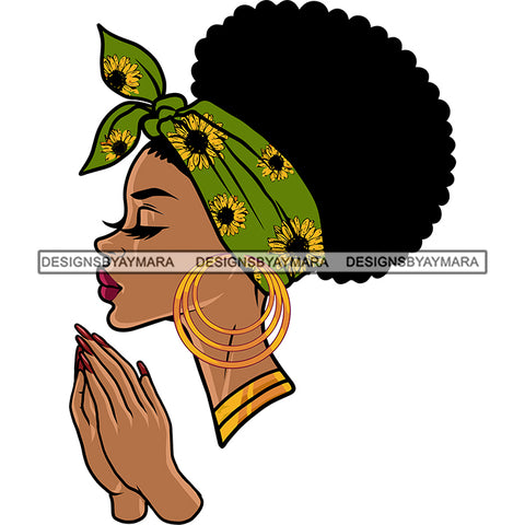 Melanin Woman Wearing Turban Hair Wrap Praying God Lord Prayers Hands Pray Religion Holy Worship Hope Faith Spiritual PNG JPG Cutting Designs