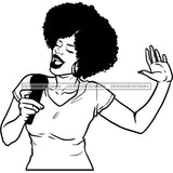 Afro Woman Singing Musical Talent Singer Artist Hoop Earrings Afro Hairstyle B/W SVG PNG JPG Cutting Files For Silhouette Cricut and More