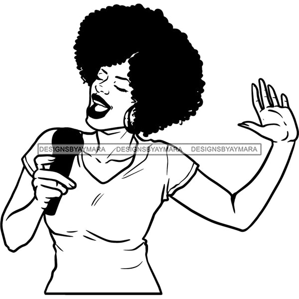 Afro Woman Singing Musical Talent Singer Artist Hoop Earrings Afro Hairstyle B/W SVG PNG JPG Cutting Files For Silhouette Cricut and More