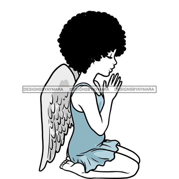 Angel Praying With Afro Blue Dress Wings  JPG PNG  Clipart Cricut Silhouette Cut Cutting