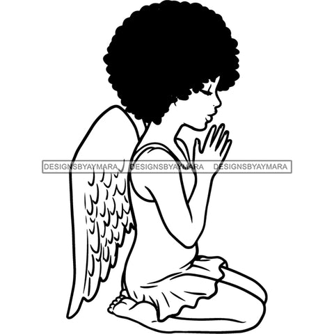 Precious Black Angel Girl Hands Praying Wings Blessed Afro Hairstyle B/W SVG JPG PNG Vector Clipart Cricut Silhouette Cut Cutting