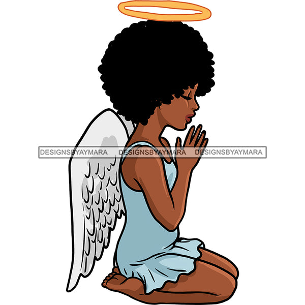 Angel With Halo Praying With Afro Blue Dress Wings Color  JPG PNG  Clipart Cricut Silhouette Cut Cutting