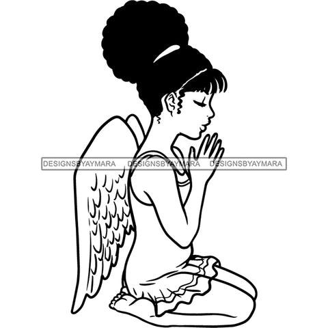 Precious Black Angel Girl Hands Praying Wings Blessed Up Do Hairstyle B/W SVG JPG PNG Vector Clipart Cricut Silhouette Cut Cutting