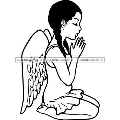 Precious Black Angel Girl Hands Praying Wings Blessed Braids Hairstyle B/W SVG JPG PNG Vector Clipart Cricut Silhouette Cut Cutting