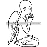 Precious Black Angel Girl Hands Praying Wings Blessed Bald Style B/W SVG JPG PNG Vector Clipart Cricut Silhouette Cut Cutting