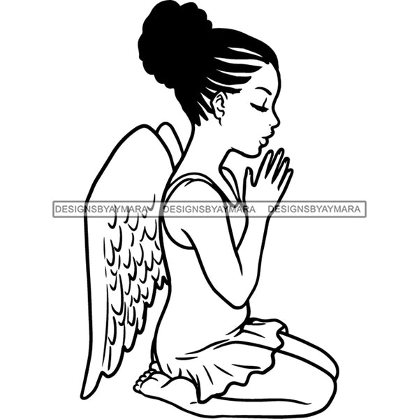 Precious Black Angel Girl Hands Praying Wings Blessed Cornrows Bun Hairstyle B/W SVG JPG PNG Vector Clipart Cricut Silhouette Cut Cutting