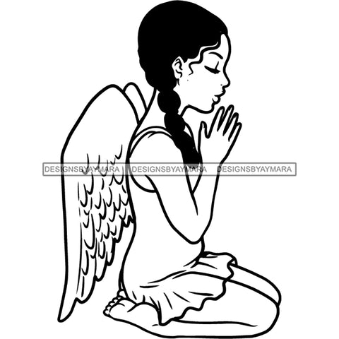 Precious Black Angel Girl Hands Praying Wings Blessed Braids Hairstyle B/W SVG JPG PNG Vector Clipart Cricut Silhouette Cut Cutting