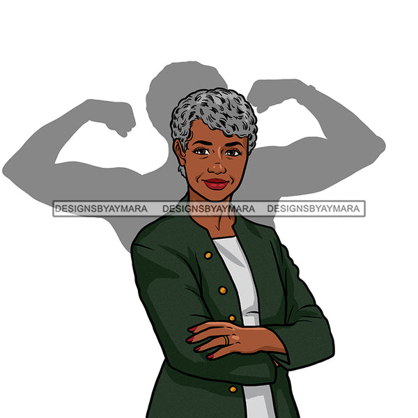 Classy Older Black Woman Senior Citizen Gray Hair Green Jacket Arms Folded Shadow Strong WomanSkillz JPG PNG  Clipart Cricut Silhouette Cut Cutting