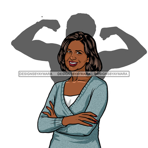 Smiling Older Black Woman Senior Citizen Granny Grandma Gray Hair Blue Sweater Arms Crossed Shadow Skillz JPG PNG  Clipart Cricut Silhouette Cut Cutting