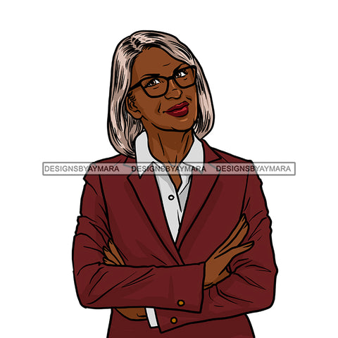 Black Woman Senior Citizen Granny Grandma Gray Hair Eyeglasses Maroon Burgundy Jacket Arms Crossed Ey Skillz JPG PNG Clipart Cricut Silhouette Cut Cutting