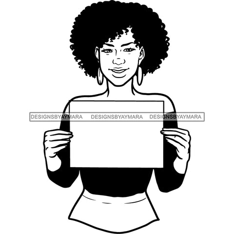 Afro Woman Holding Banner Logo Sign Earrings Afro Hairstyle B/W SVG PNG JPG Cutting Files For Silhouette Cricut and More