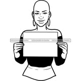 Afro Woman Holding Banner Logo Sign Earrings Bald Style B/W SVG PNG JPG Cutting Files For Silhouette Cricut and More