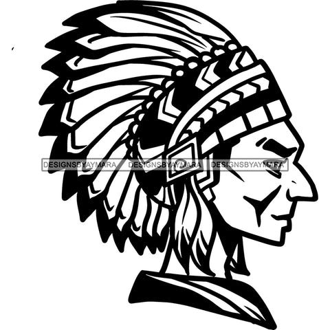 Native American Indigenous Culture Chief Side View Warrior History B/W SVG JPG PNG Vector Clipart Cricut Silhouette Cut Cutting