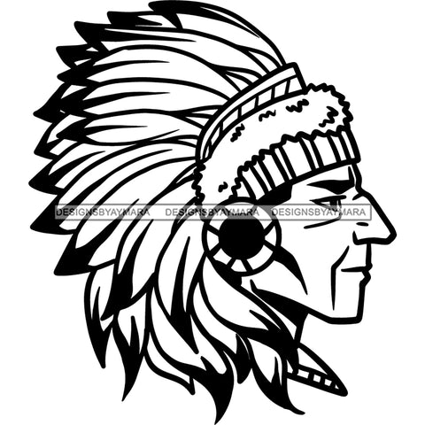 Native American Indigenous Culture Chief Warrior Feathers History B/W SVG JPG PNG Vector Clipart Cricut Silhouette Cut Cutting
