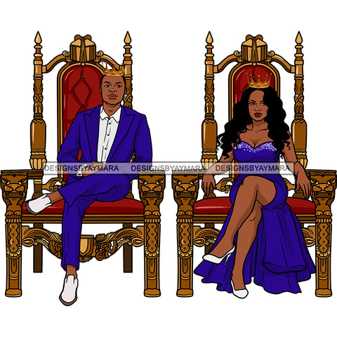 Black King Queen Sitting Throne Royal Blue Suit Royal Blue Gown White Shoes Crowns Legs Crossed Red Cushions Skillz JPG PNG  Clipart Cricut Silhouette Cut Cutting