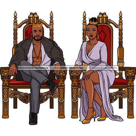 Black Bald King Queen Hairbun Sitting Throne Gray Suit Light Gray Gown White Shoes Crowns Legs Crossed Red Cushions Skillz JPG PNG  Clipart Cricut Silhouette Cut Cutting