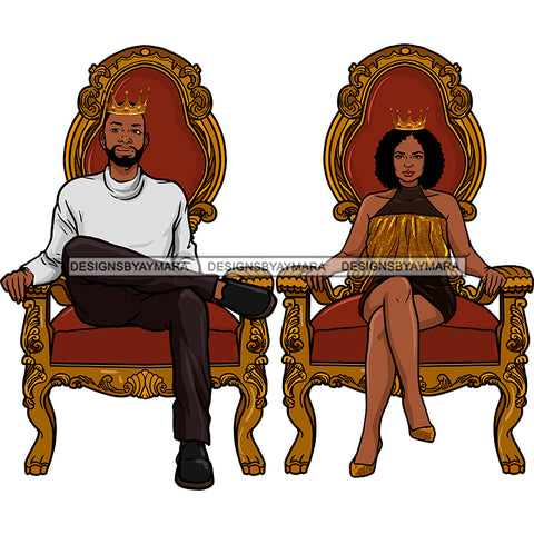 Black Bearded King Queen Afro Sitting Throne Gray Turtleneck Black Pants Black And Gold Dress  Gold Shoes Crowns Legs Crossed Red Cushions Skillz JPG PNG  Clipart Cricut Silhouette Cut Cutting